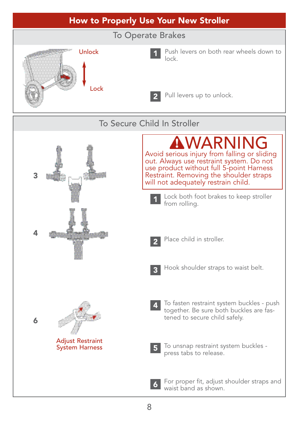 Warning | Kolcraft LITE SERIES S67-T 4/07 User Manual | Page 8 / 36