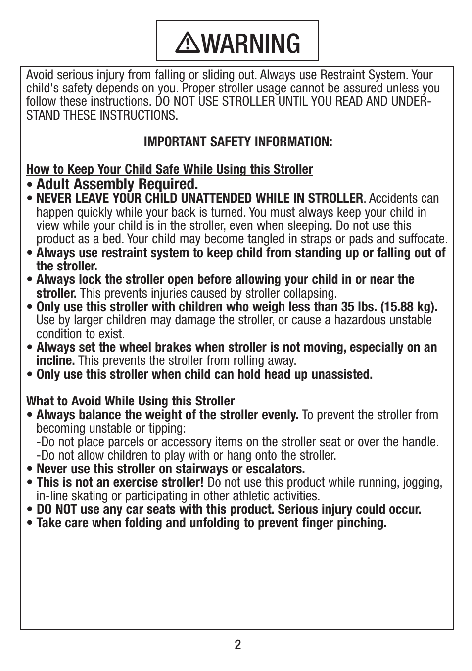 Ƽwarning | Kolcraft S083 8/10 User Manual | Page 2 / 10