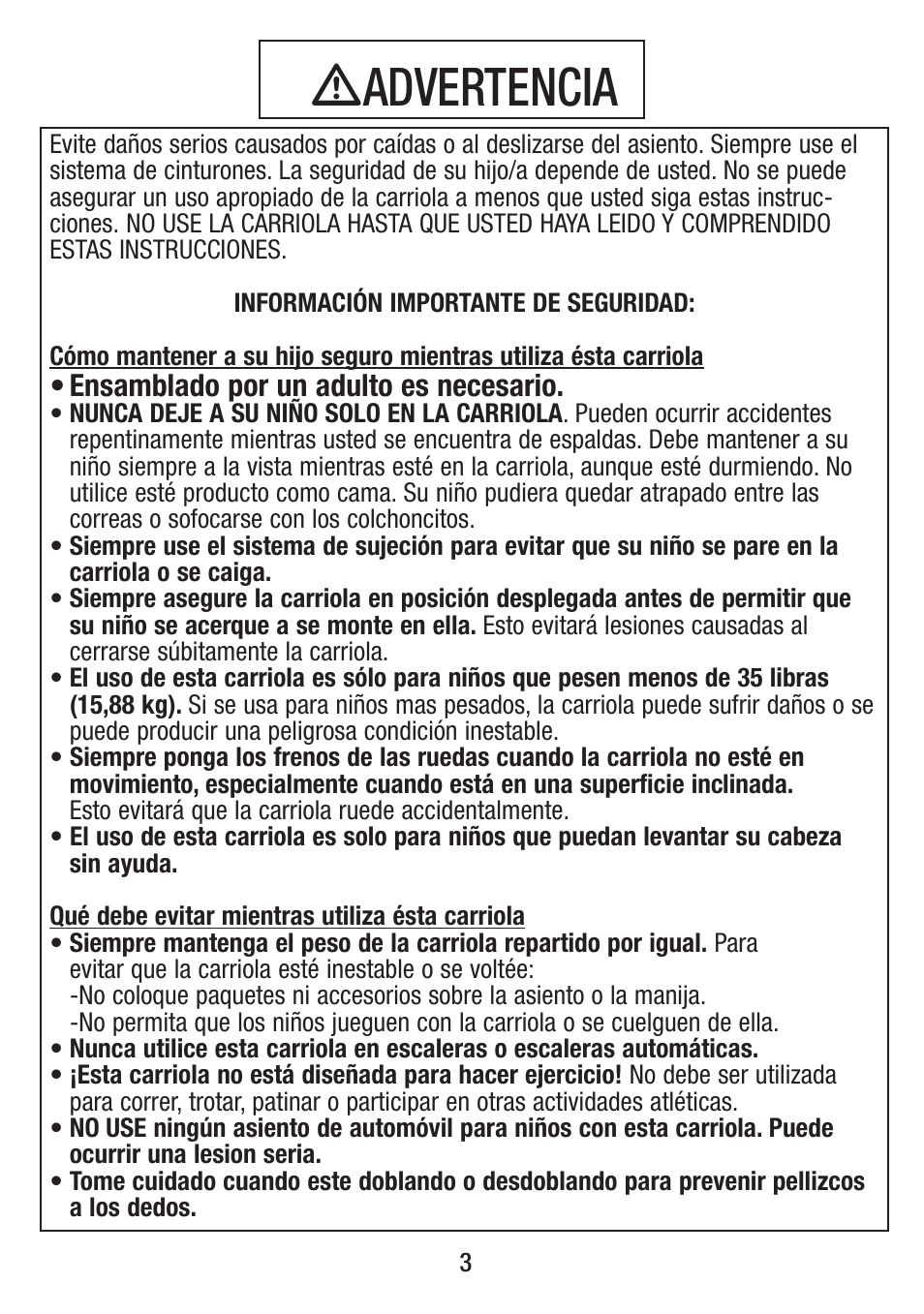 Ƽadvertencia | Kolcraft S083 8/10 User Manual | Page 3 / 10