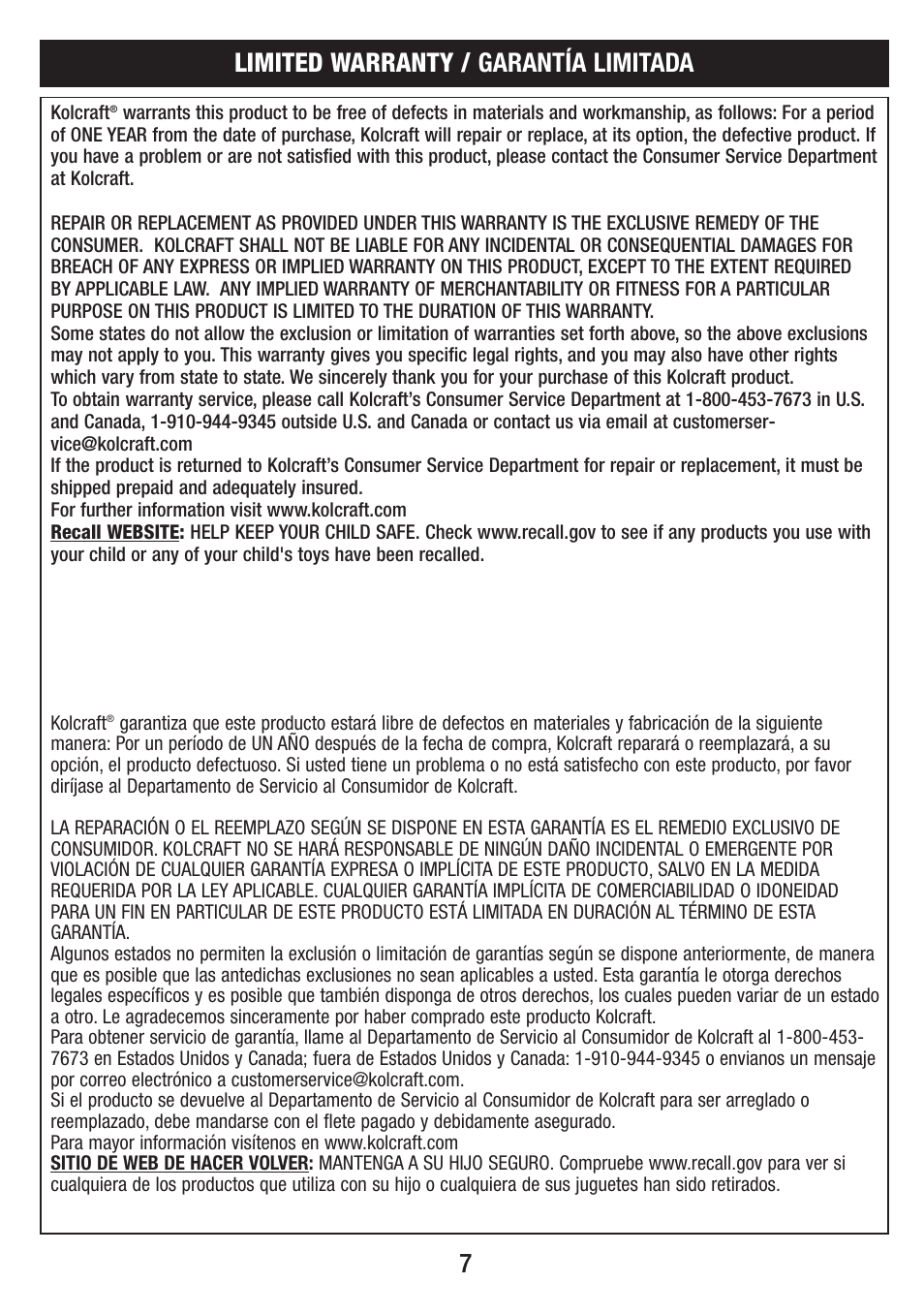 7limited warranty / garantía limitada | Kolcraft S083 8/10 User Manual | Page 7 / 10