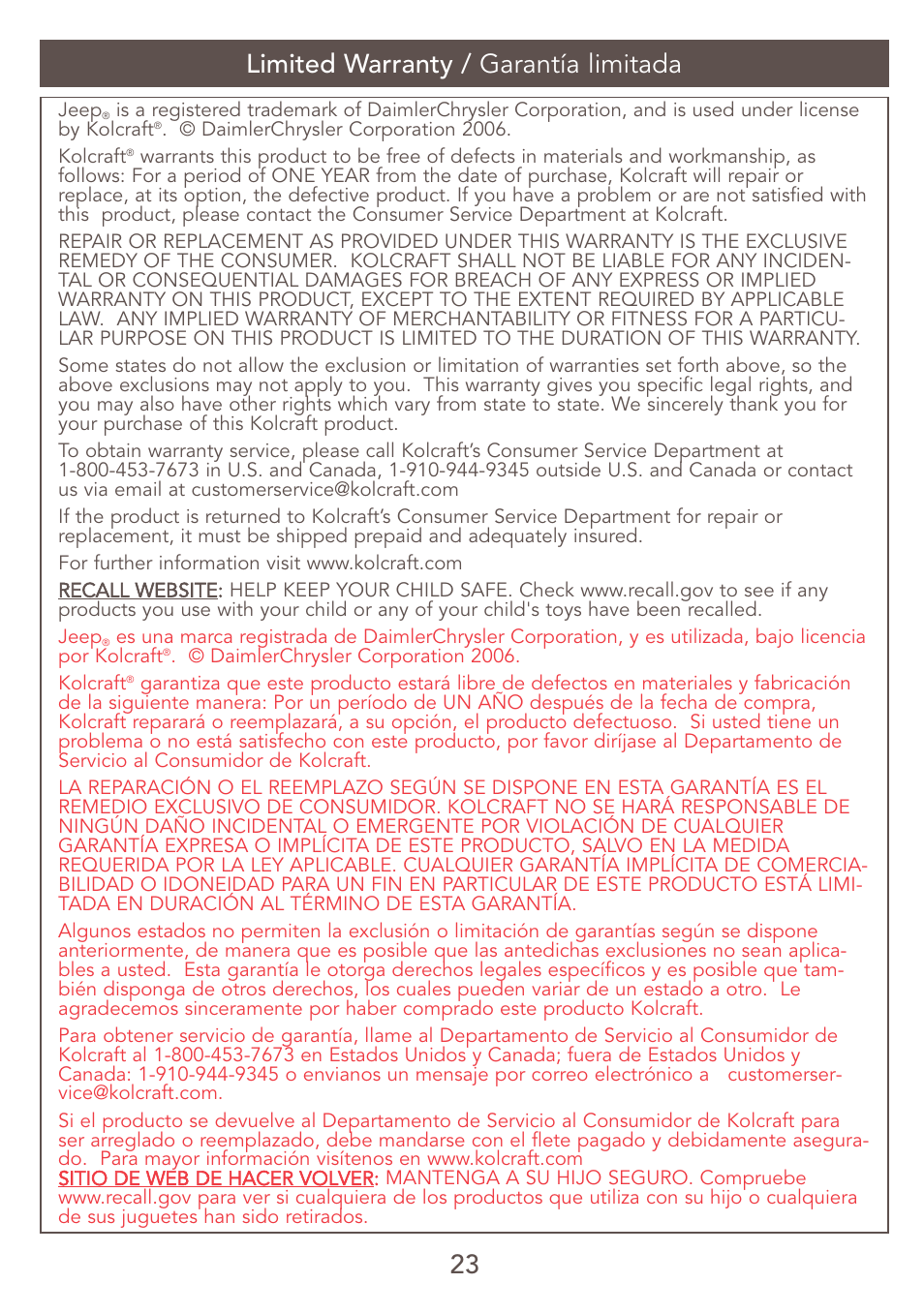 23 limited warranty / garantía limitada | Kolcraft S47J-R7 User Manual | Page 23 / 26