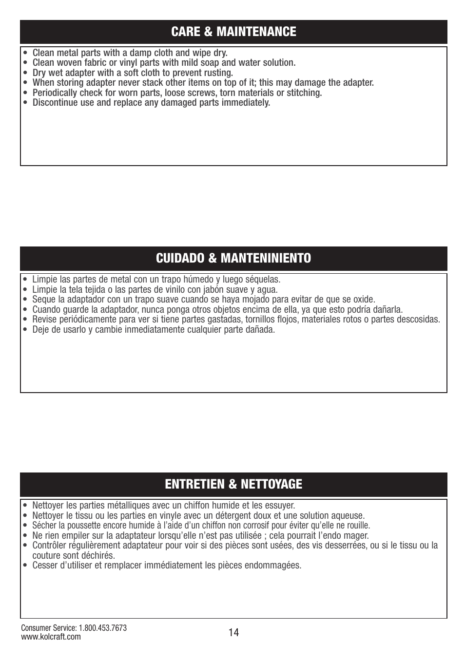 Entretien & nettoyage, Care & maintenance, Cuidado & manteniniento | Kolcraft CONTOURS S75-T-R1 11/10 User Manual | Page 14 / 20