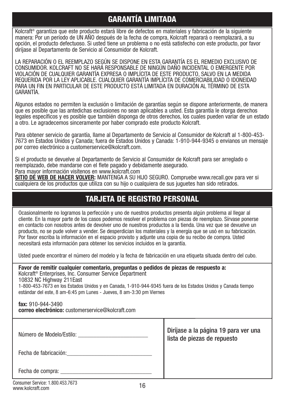 Tarjeta de registro personal, Garantía limitada | Kolcraft CONTOURS S75-T-R1 11/10 User Manual | Page 16 / 20