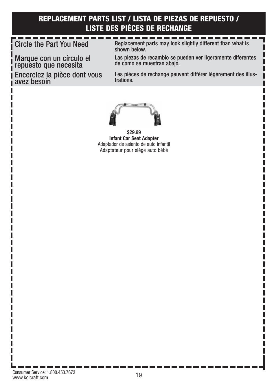 Circle the part you need, Encerclez la pièce dont vous avez besoin, Marque con un círculo el repuesto que necesita | Kolcraft CONTOURS S75-T-R1 11/10 User Manual | Page 19 / 20