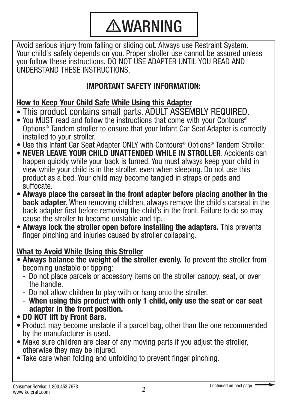 Ƽwarning | Kolcraft CONTOURS S75-T-R1 11/10 User Manual | Page 2 / 20