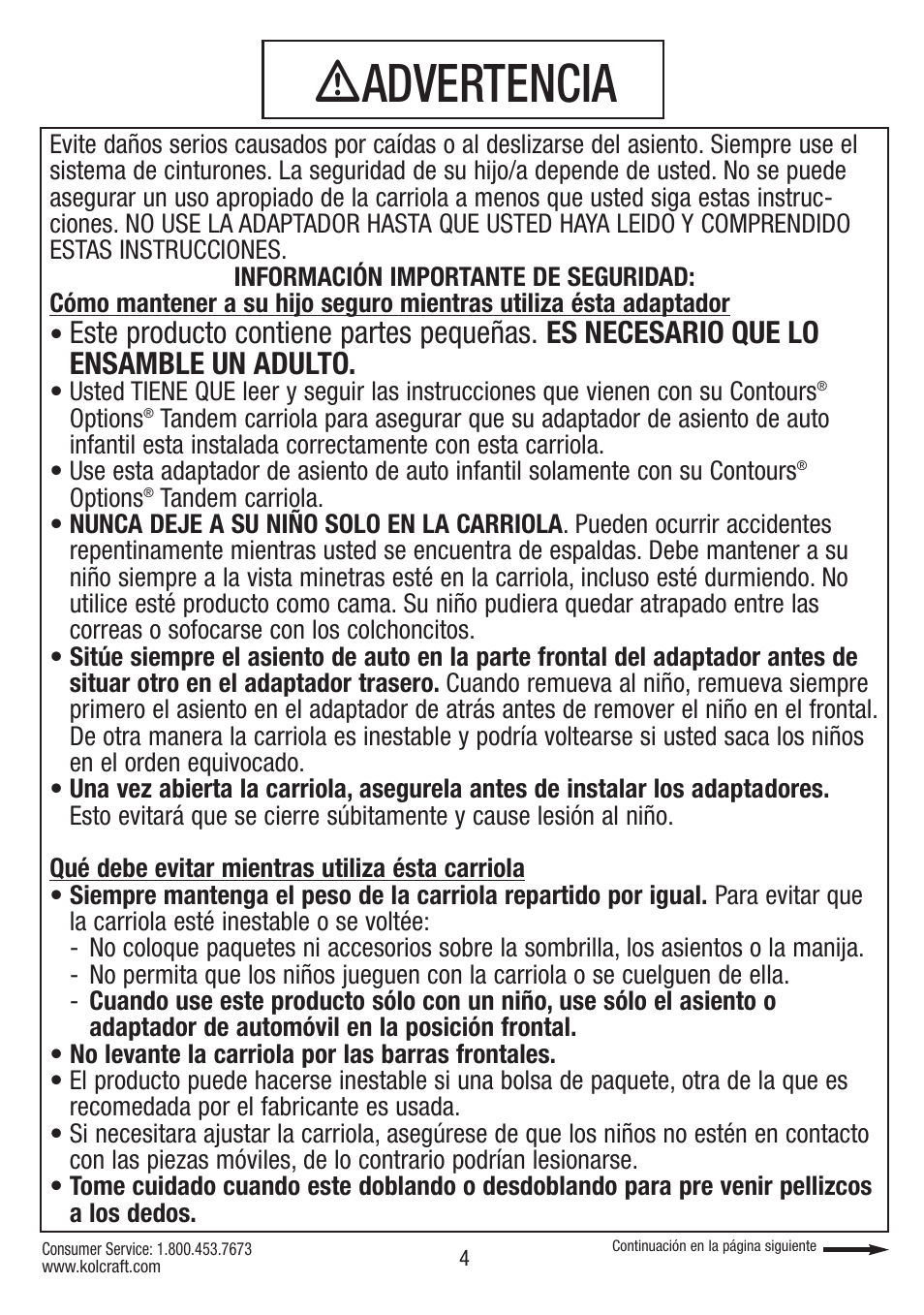 Ƽadvertencia | Kolcraft CONTOURS S75-T-R1 11/10 User Manual | Page 4 / 20