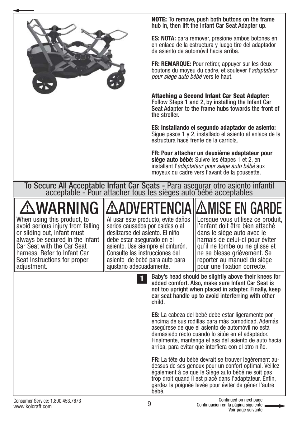 Ƽwarning, Ƽadvertencia, Ƽmise en garde | Kolcraft CONTOURS S75-T-R1 11/10 User Manual | Page 9 / 20