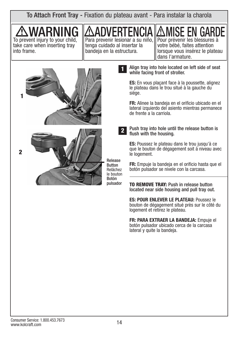 Ƽwarning, Ƽadvertencia, Ƽmise en garde | Kolcraft S084 12/10 User Manual | Page 14 / 36