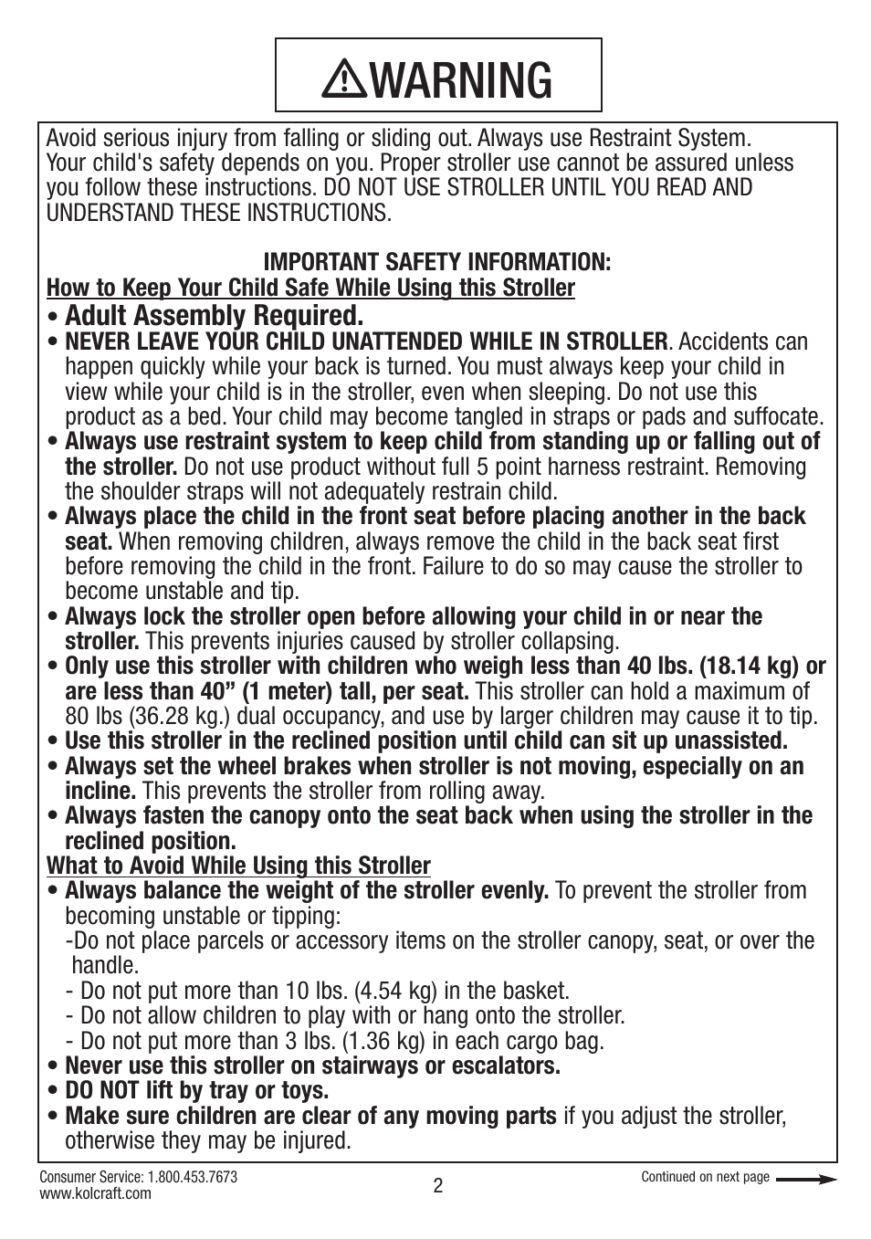 Ƽwarning, Adult assembly required | Kolcraft S084 12/10 User Manual | Page 2 / 36