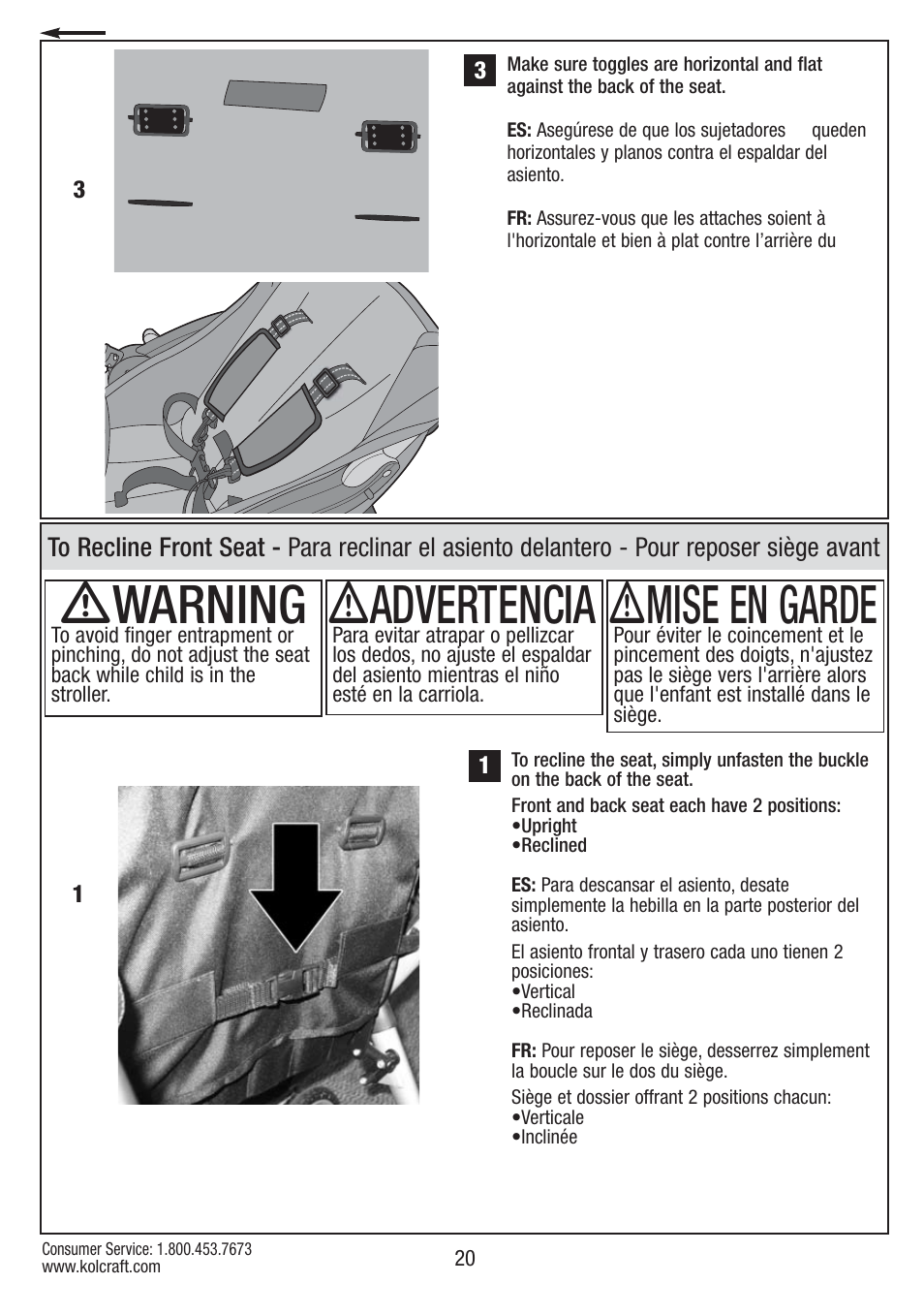 Ƽwarning, Ƽadvertencia, Ƽmise en garde | Kolcraft S084 12/10 User Manual | Page 20 / 36