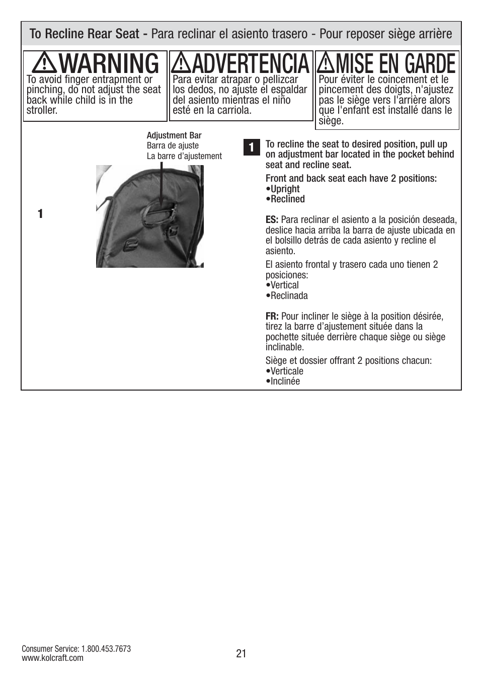 Ƽwarning, Ƽadvertencia, Ƽmise en garde | Kolcraft S084 12/10 User Manual | Page 21 / 36
