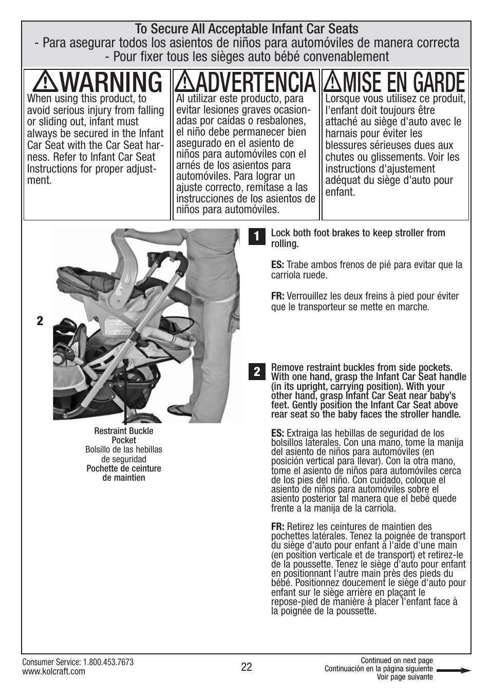 Ƽwarning, Ƽadvertencia, Ƽmise en garde | Kolcraft S084 12/10 User Manual | Page 22 / 36