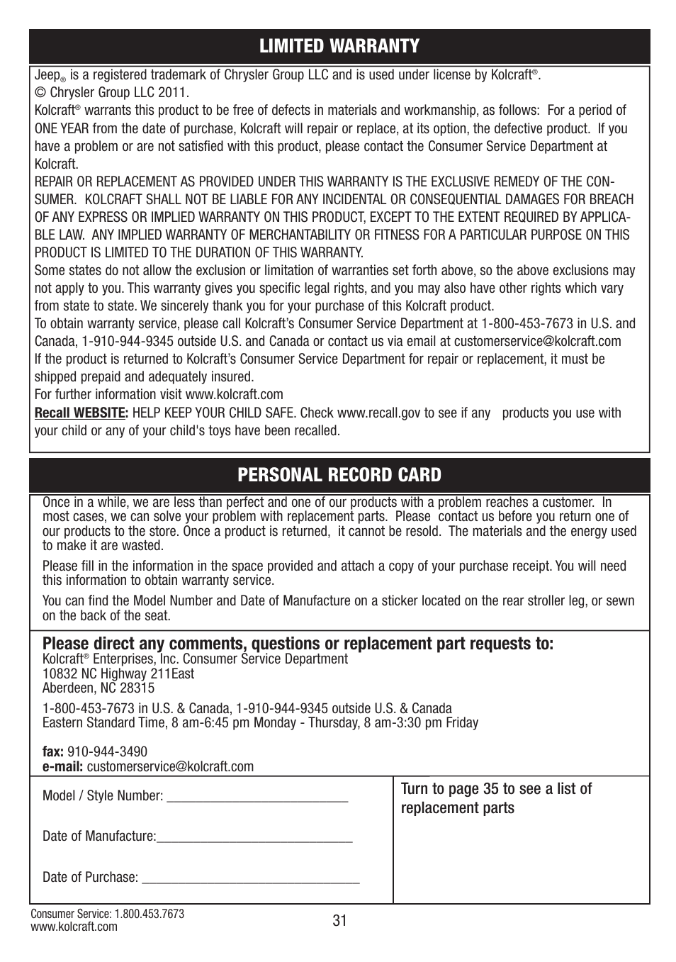 Personal record card, Limited warranty | Kolcraft S084 12/10 User Manual | Page 31 / 36