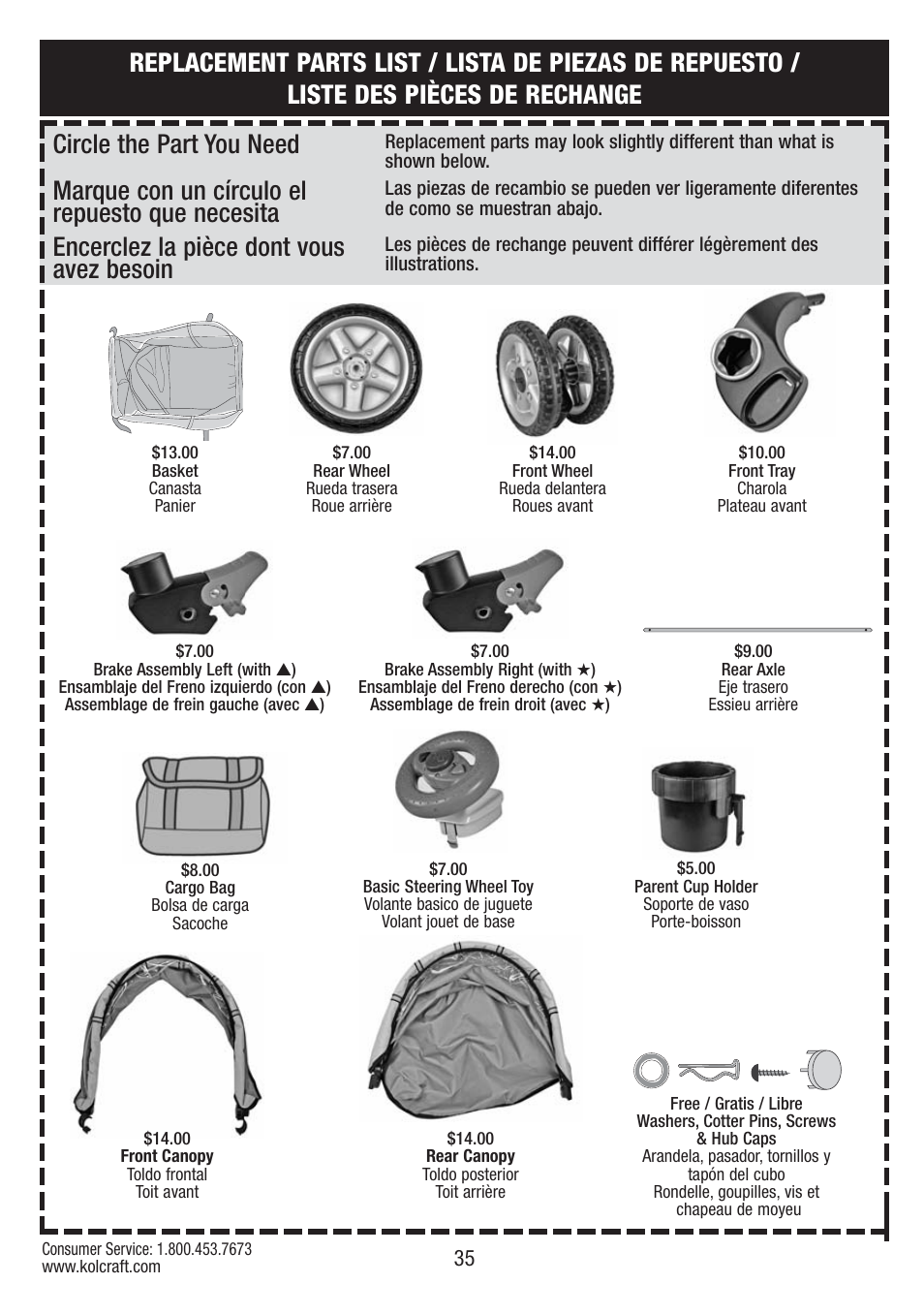 Circle the part you need, Marque con un círculo el repuesto que necesita, Encerclez la pièce dont vous avez besoin | Kolcraft S084 12/10 User Manual | Page 35 / 36
