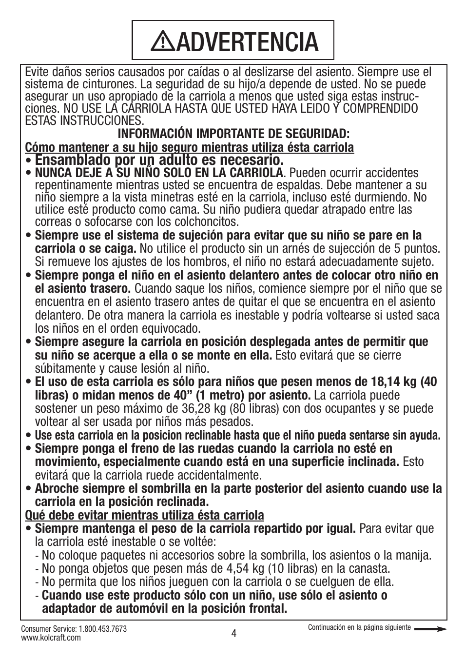 Ƽadvertencia, Ensamblado por un adulto es necesario | Kolcraft S084 12/10 User Manual | Page 4 / 36