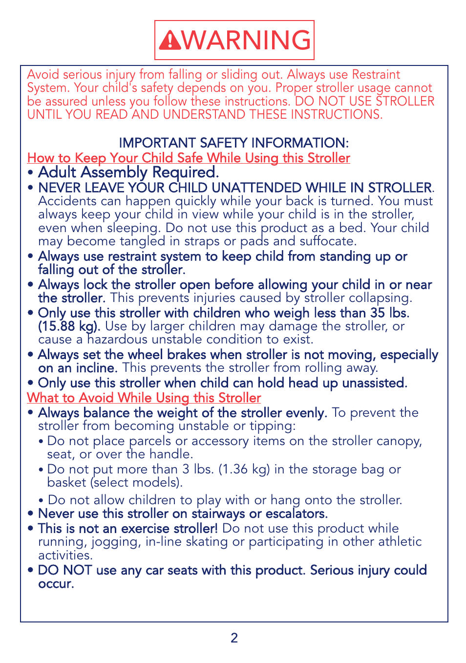 Warning, Adult assembly required | Kolcraft S69-R1 5/08 User Manual | Page 2 / 12