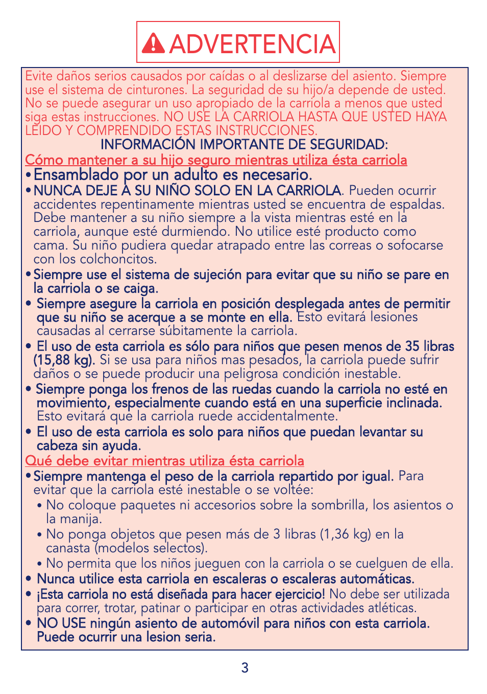 Advertencia, Ensamblado por un adulto es necesario | Kolcraft S69-R1 5/08 User Manual | Page 3 / 12