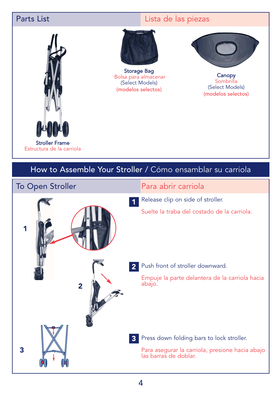 4to open stroller para abrir carriola, Parts list lista de las piezas | Kolcraft S69-R1 5/08 User Manual | Page 4 / 12