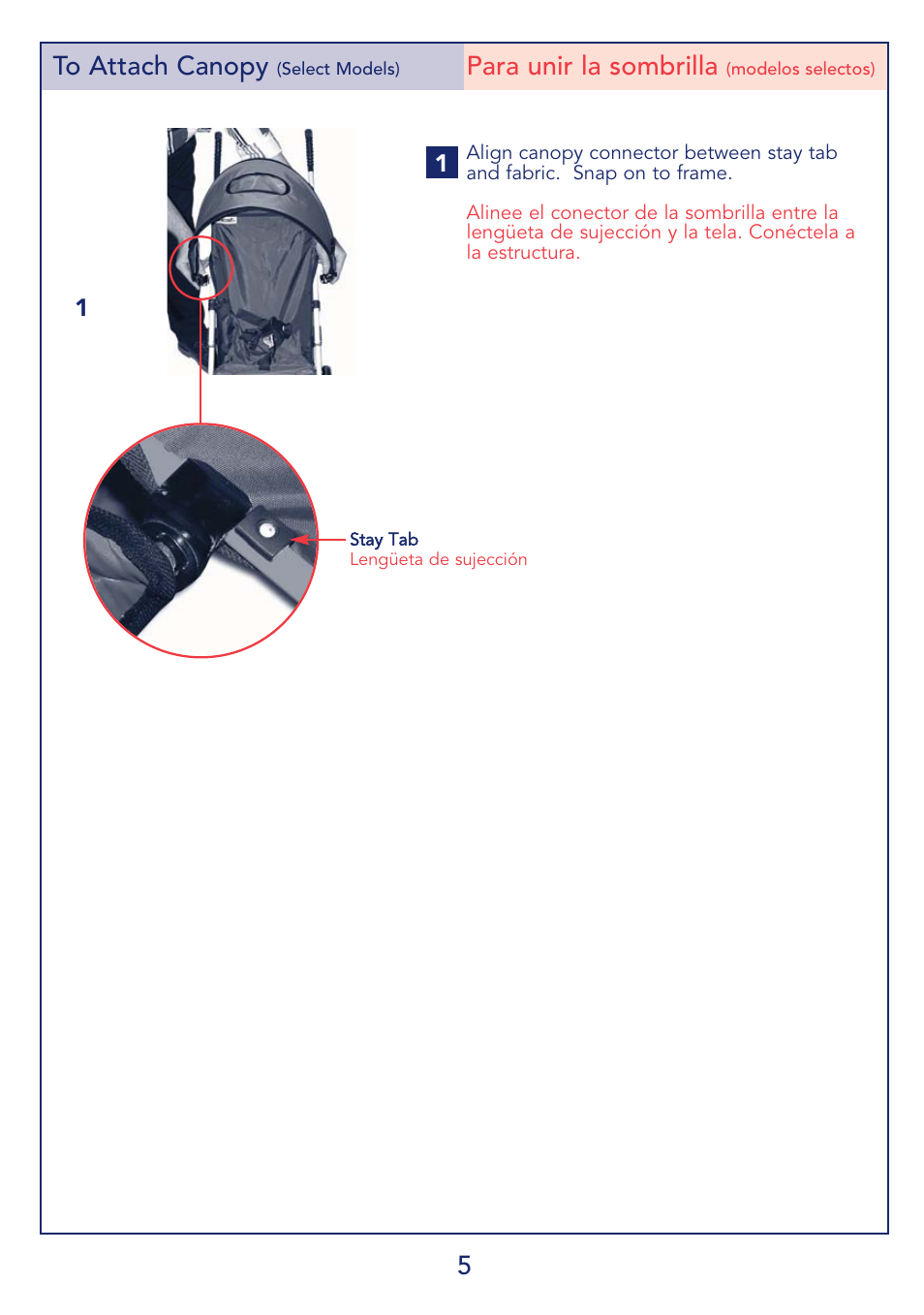 5to attach canopy, Para unir la sombrilla | Kolcraft S69-R1 5/08 User Manual | Page 5 / 12