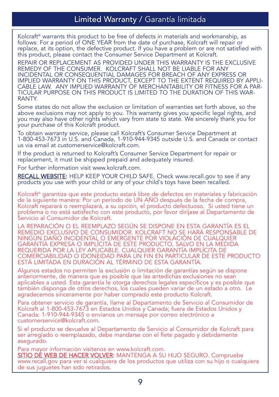 9limited warranty / garantía limitada | Kolcraft S69-R1 5/08 User Manual | Page 9 / 12