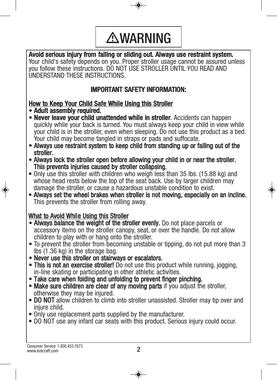 Ƽwarning | Kolcraft S64-R4 2/12 User Manual | Page 2 / 15