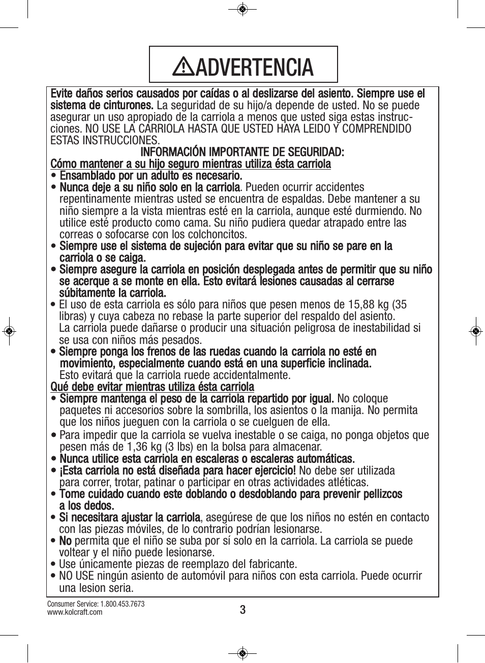 Ƽadvertencia | Kolcraft S64-R4 2/12 User Manual | Page 3 / 15