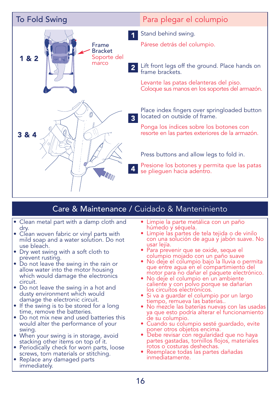 16 to fold swing para plegar el columpio, Care & maintenance / cuidado & manteniniento | Kolcraft G03S 9/08 User Manual | Page 16 / 20