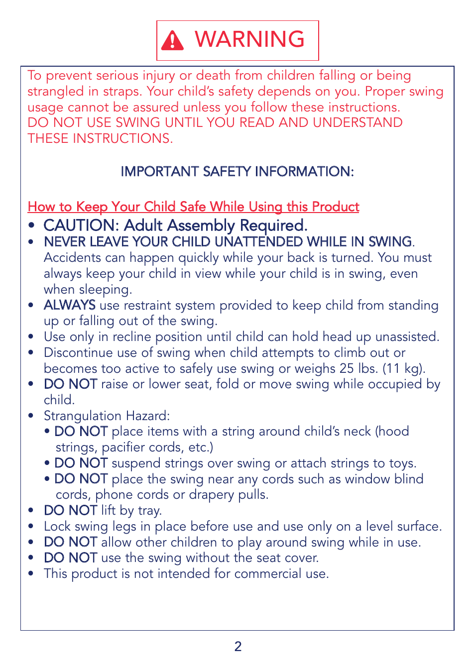 Warning | Kolcraft G03S 9/08 User Manual | Page 2 / 20