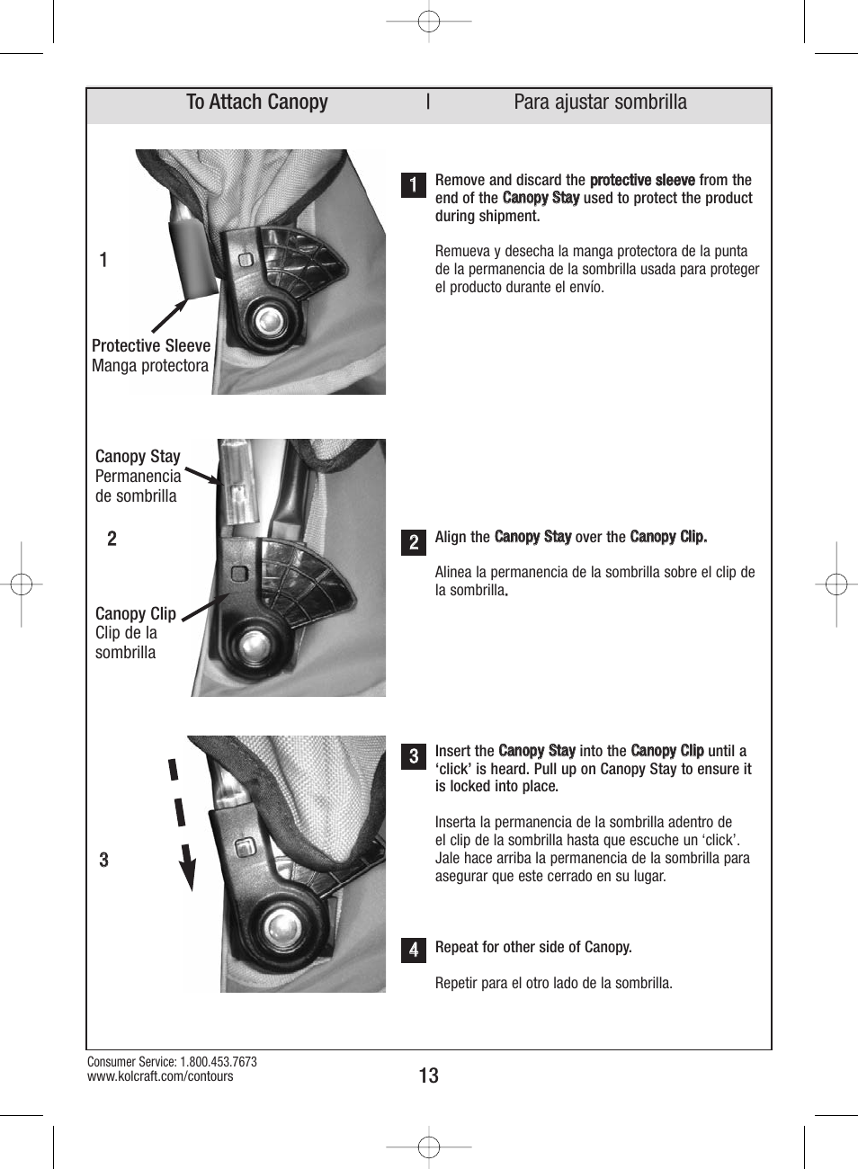 13 to attach canopy para ajustar sombrilla | Kolcraft S82-R3 User Manual | Page 13 / 32