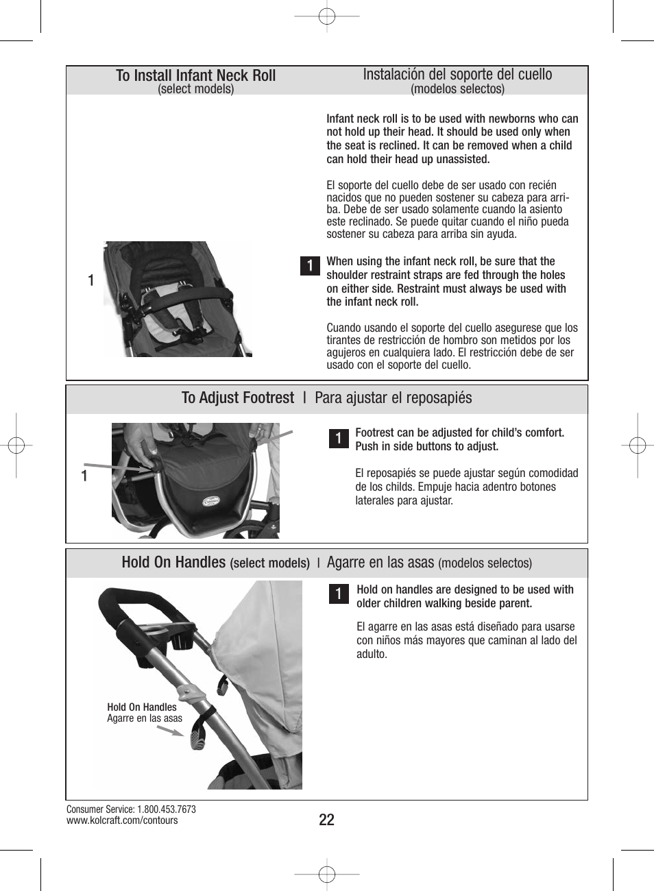 Instalación del soporte del cuello, Hold on handles, Agarre en las asas | Kolcraft S82-R3 User Manual | Page 22 / 32