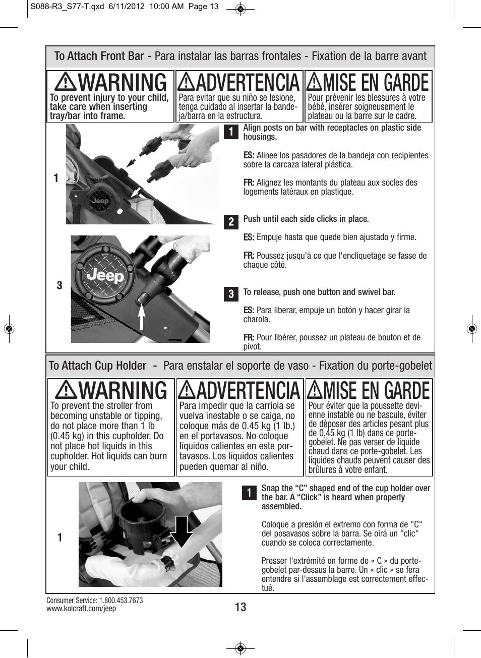 Ƽmise en garde ƽadvertencia ƽwarning, Ƽwarning, Ƽadvertencia | Ƽmise en garde | Kolcraft S088-R3 User Manual | Page 13 / 32