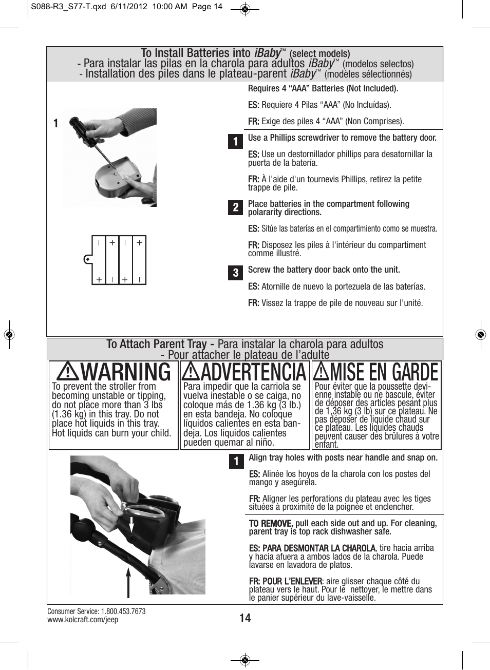 Ƽwarning, Ƽadvertencia, Ƽmise en garde | Kolcraft S088-R3 User Manual | Page 14 / 32