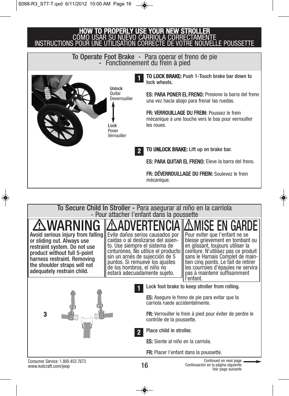 Ƽwarning, Ƽadvertencia, Ƽmise en garde | Kolcraft S088-R3 User Manual | Page 16 / 32