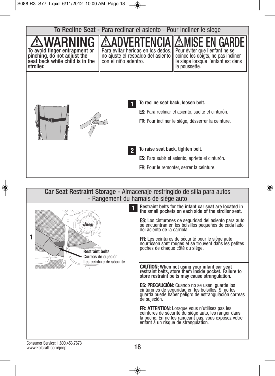 Ƽwarning, Ƽadvertencia, Ƽmise en garde | Kolcraft S088-R3 User Manual | Page 18 / 32