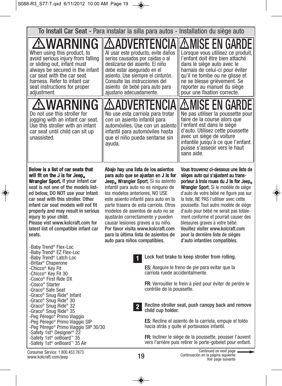 Ƽwarning, Ƽadvertencia, Ƽmise en garde | Kolcraft S088-R3 User Manual | Page 19 / 32