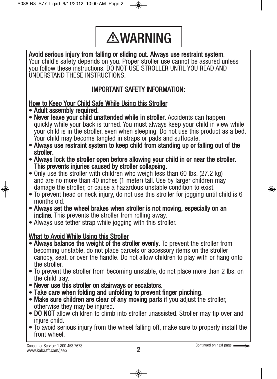 Ƽwarning | Kolcraft S088-R3 User Manual | Page 2 / 32