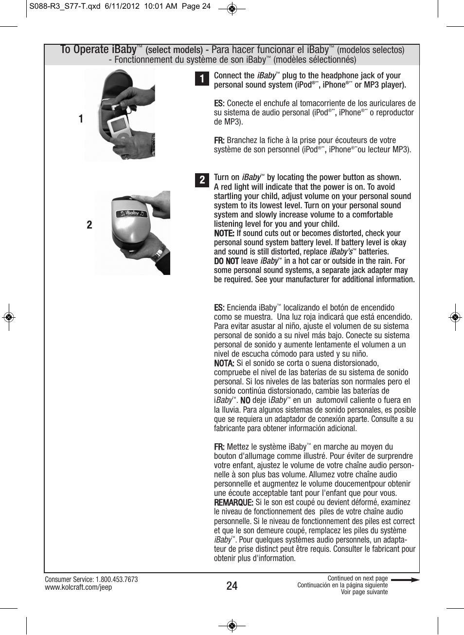 Para hacer funcionar el ibaby, Select models), Modèles sélectionnés) | Kolcraft S088-R3 User Manual | Page 24 / 32