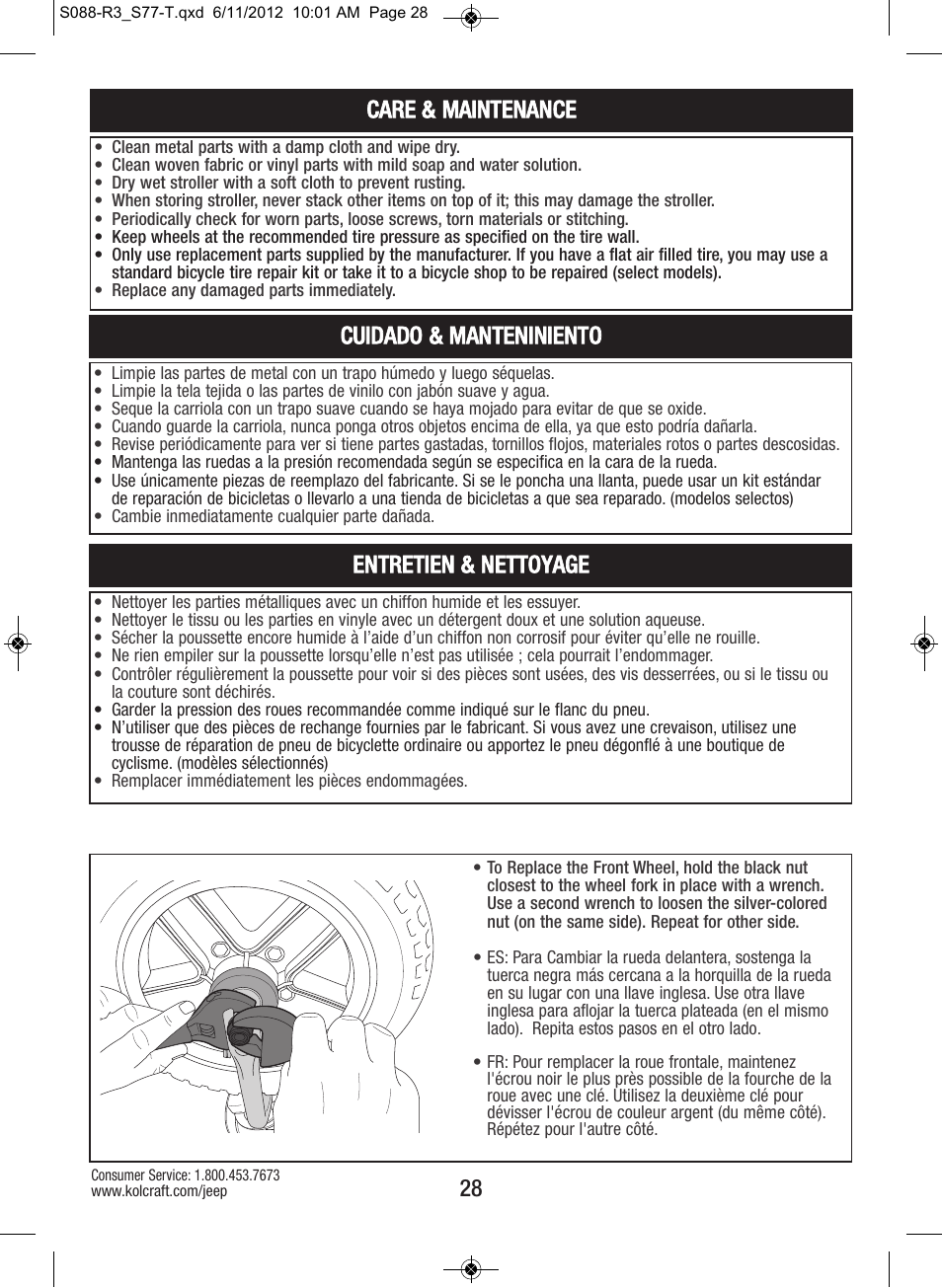 28 entretien & nettoyage, Care & maintenance, Cuidado & manteniniento | Kolcraft S088-R3 User Manual | Page 28 / 32