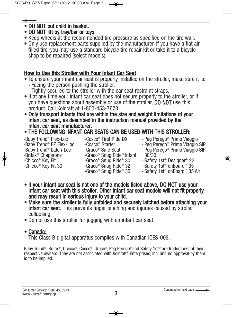 Facing the person pushing the stroller | Kolcraft S088-R3 User Manual | Page 3 / 32