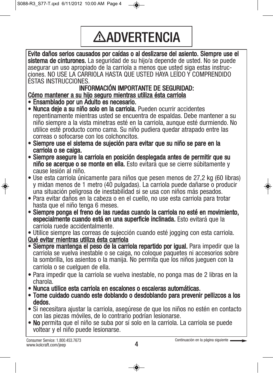 Ƽadvertencia | Kolcraft S088-R3 User Manual | Page 4 / 32