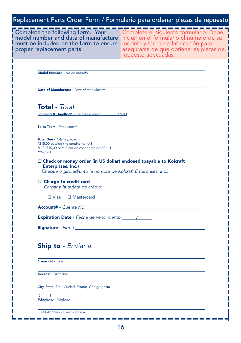 Enviar a, Total, Ship to | Kolcraft B17-R3 2/04 User Manual | Page 16 / 16