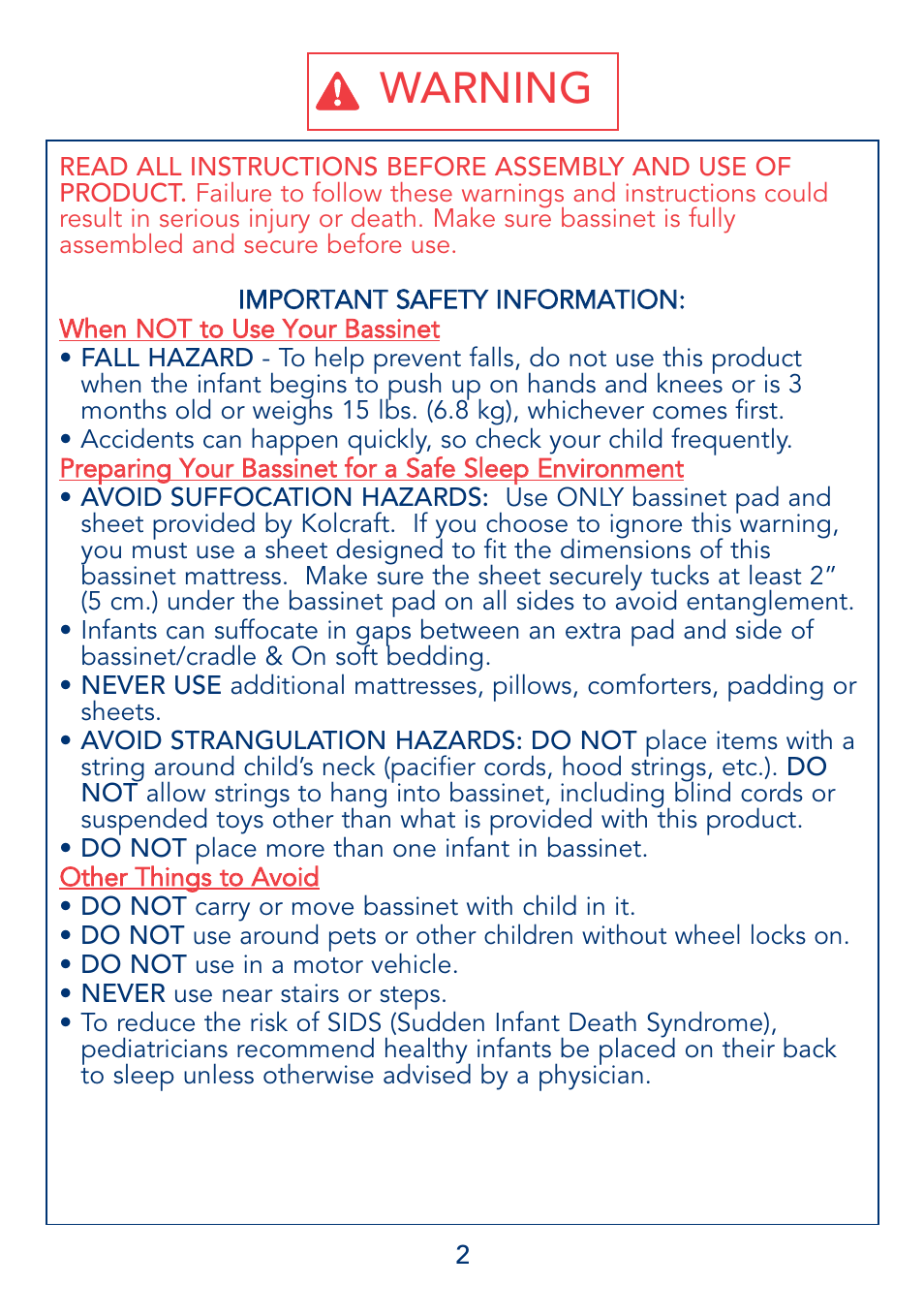 Warning | Kolcraft B17-R3 2/04 User Manual | Page 2 / 16