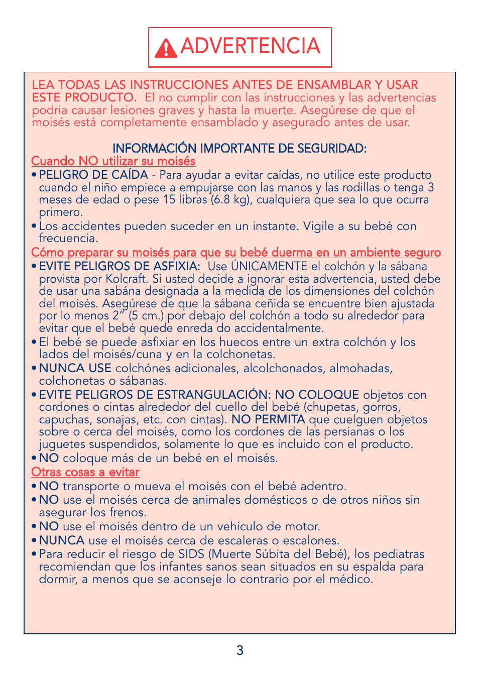 Advertencia | Kolcraft B17-R3 2/04 User Manual | Page 3 / 16