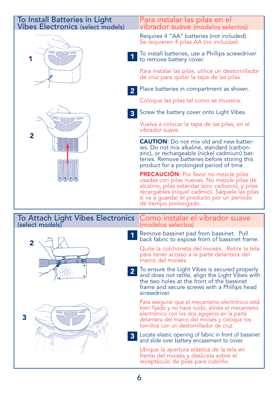 6to install batteries in light vibes electronics, Para instalar las pilas en el vibrador suave, Como instalar el vibrador suave | Kolcraft B17-R3 2/04 User Manual | Page 6 / 16