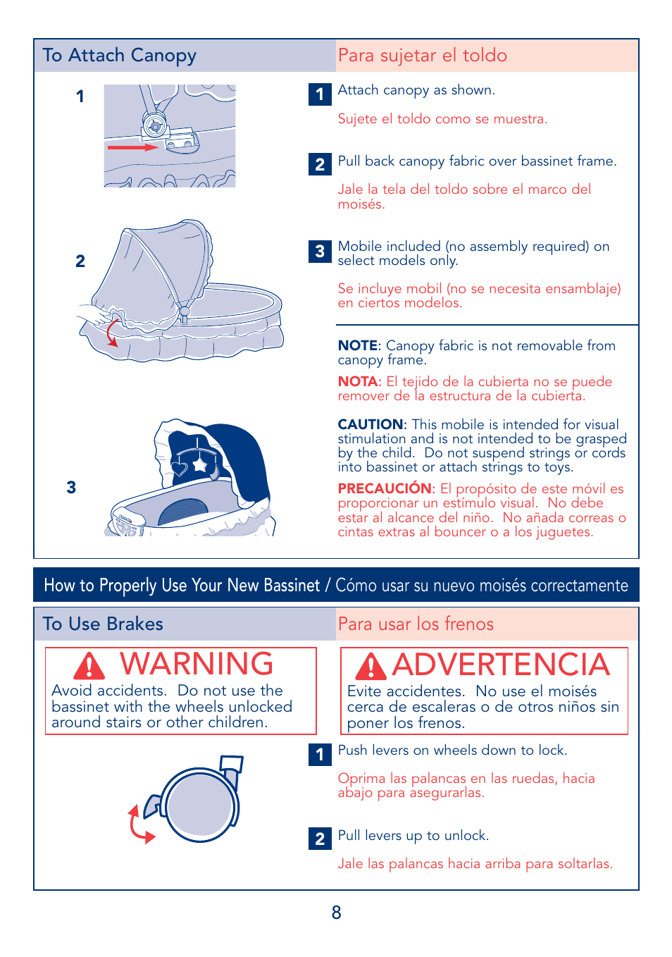 Warning, Advertencia | Kolcraft B17-R3 2/04 User Manual | Page 8 / 16