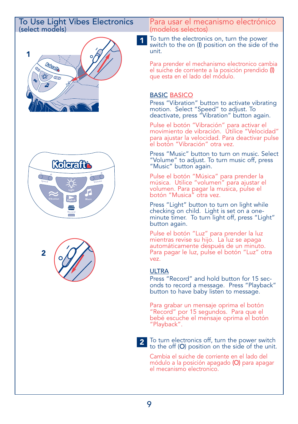 Para usar el mecanismo electrónico | Kolcraft B17-R3 2/04 User Manual | Page 9 / 16