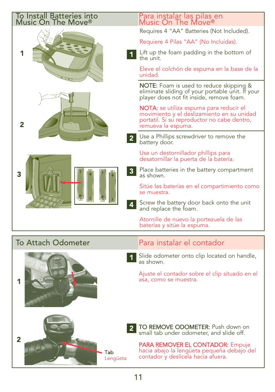 Para instalar las pilas en music on the move | Kolcraft JEEP OVERLAND S56J-R3 User Manual | Page 11 / 28