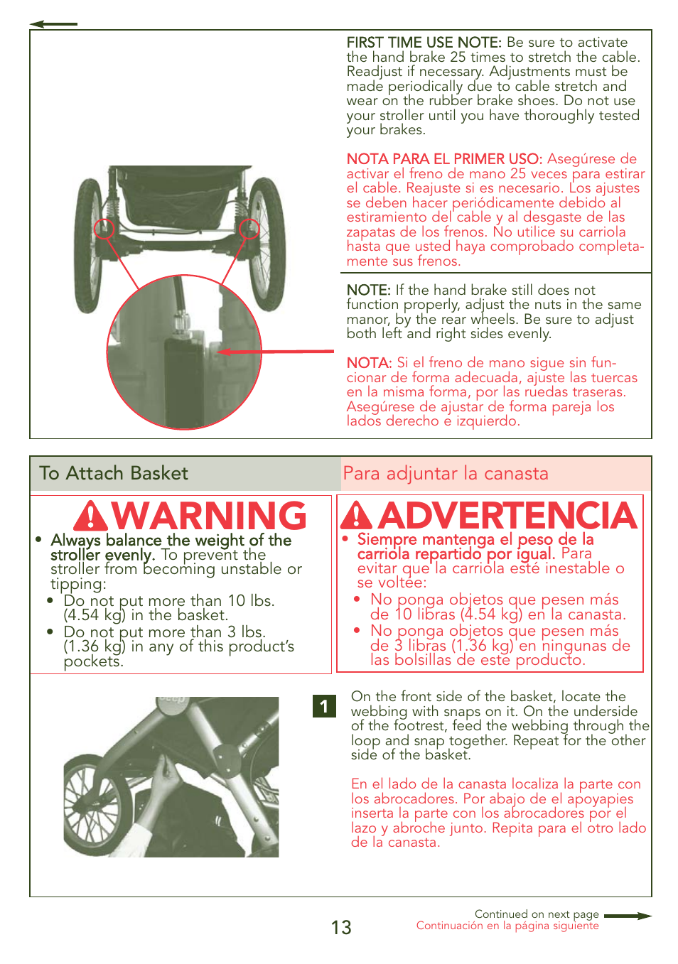 Warning, Advertencia | Kolcraft JEEP OVERLAND S56J-R3 User Manual | Page 13 / 28