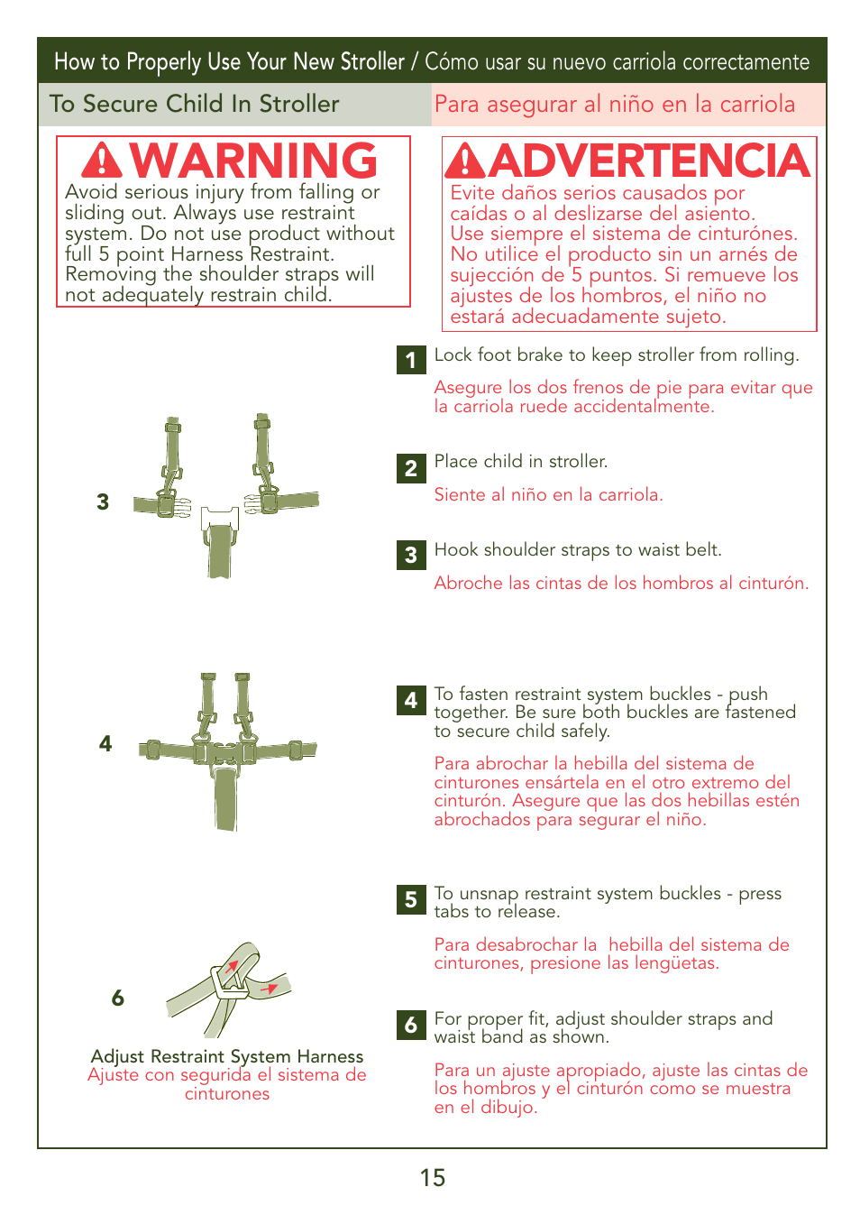 Warning, Advertencia | Kolcraft JEEP OVERLAND S56J-R3 User Manual | Page 15 / 28