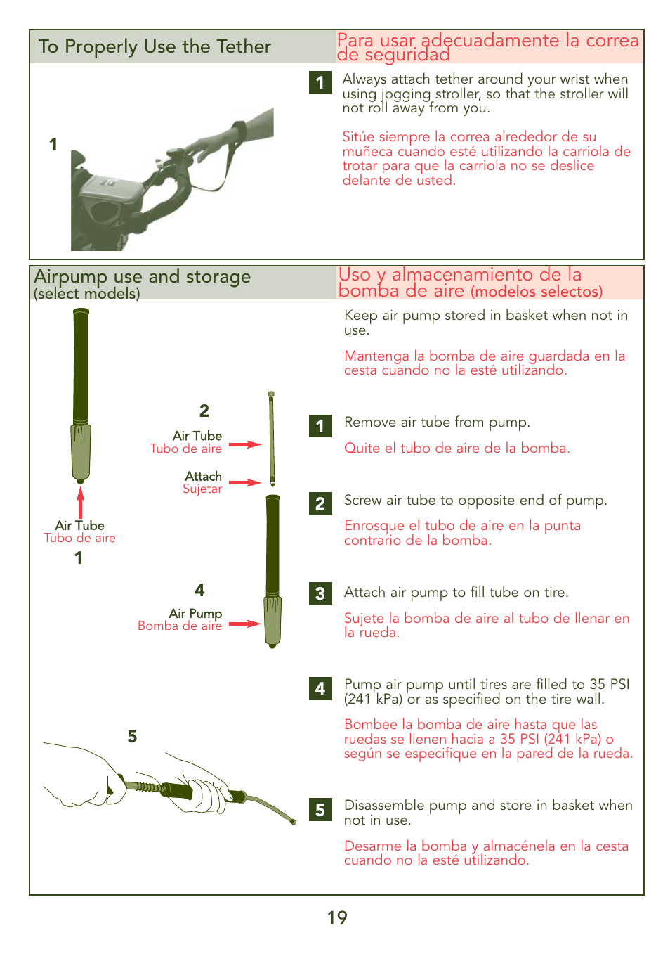 Uso y almacenamiento de la bomba de aire, Airpump use and storage | Kolcraft JEEP OVERLAND S56J-R3 User Manual | Page 19 / 28